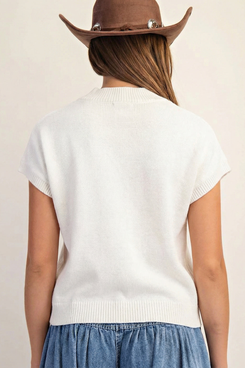 Corded Horseshoes Ribbed Trim Mock Neck Short Sleeve Sweater