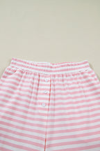 Pink Stripe Drop Shoulder Round Neck Top and Buttoned Straight Pants Two Piece Set