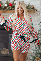 Green Stripe Contrast Velvet Ribbon Knot Christmas 2pcs Pyjama Set