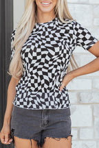 Black Checkered Print Mock Neck Mesh T Shirt