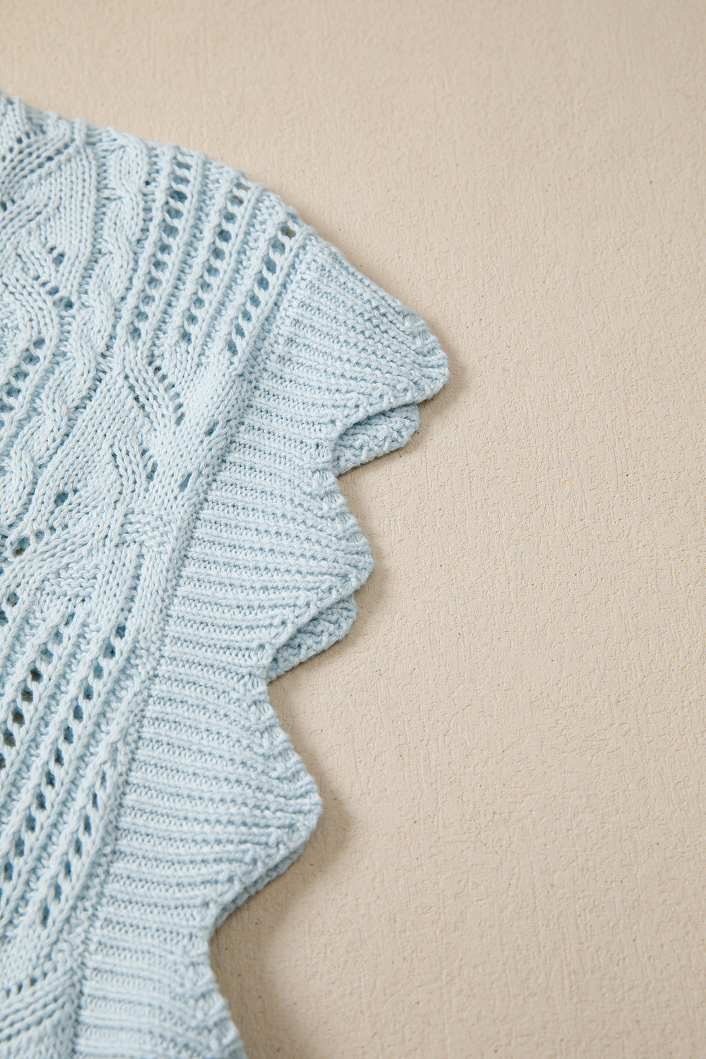 Pointelle Knit Patterned Scalloped Trim Short Sleeve Sweater