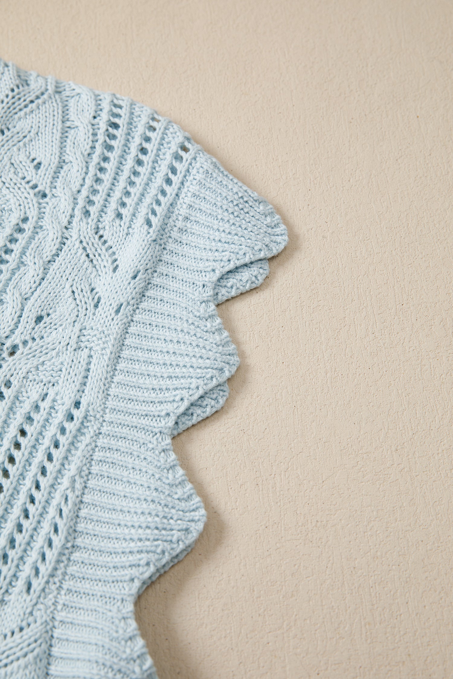 Pointelle Knit Patterned Scalloped Trim Short Sleeve Sweater