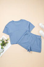 Solid Color Contrast Textured Patchwork Raw Edge 2pcs Short Set