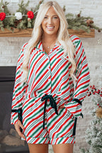 Green Stripe Contrast Velvet Ribbon Knot Christmas 2pcs Pyjama Set