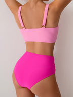 Solid Color 2pcs Cross Twisted High Waist Bikini Swimsuit