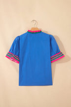Striped Frilled Collar Ruffled Short Sleeve Blouse