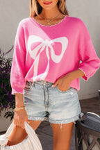 Sachet Pink Big Ribbon Bow Print Contrast Stitch Trim Drop Shoulder Sweater