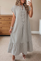 Striped Frilled Detail Half Buttons Short Sleeve Long Dress