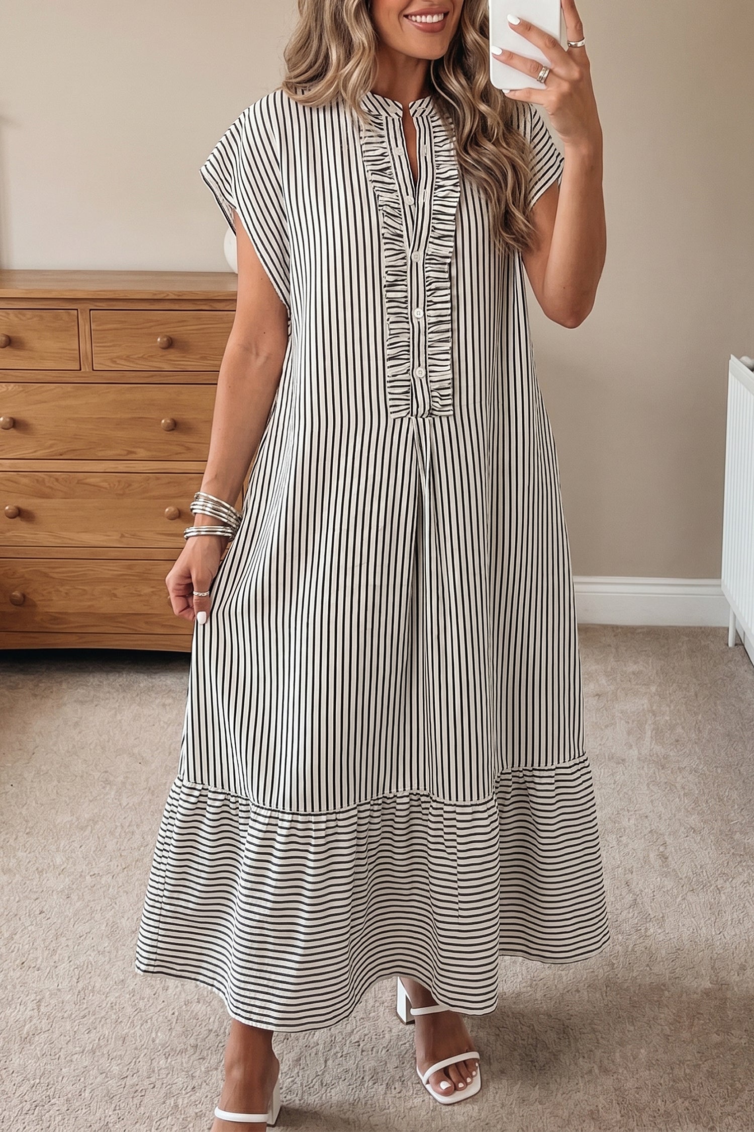 Striped Frilled Detail Half Buttons Short Sleeve Long Dress