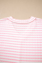 Pink Stripe Plus Size V Neck Exposed Seam Patchwork T Shirt