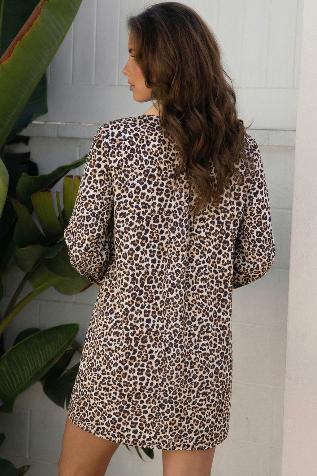 Button Striped Collar Leopard Print Long Sleeve Flared Dress
