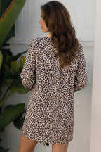 Button Striped Collar Leopard Print Long Sleeve Flared Dress