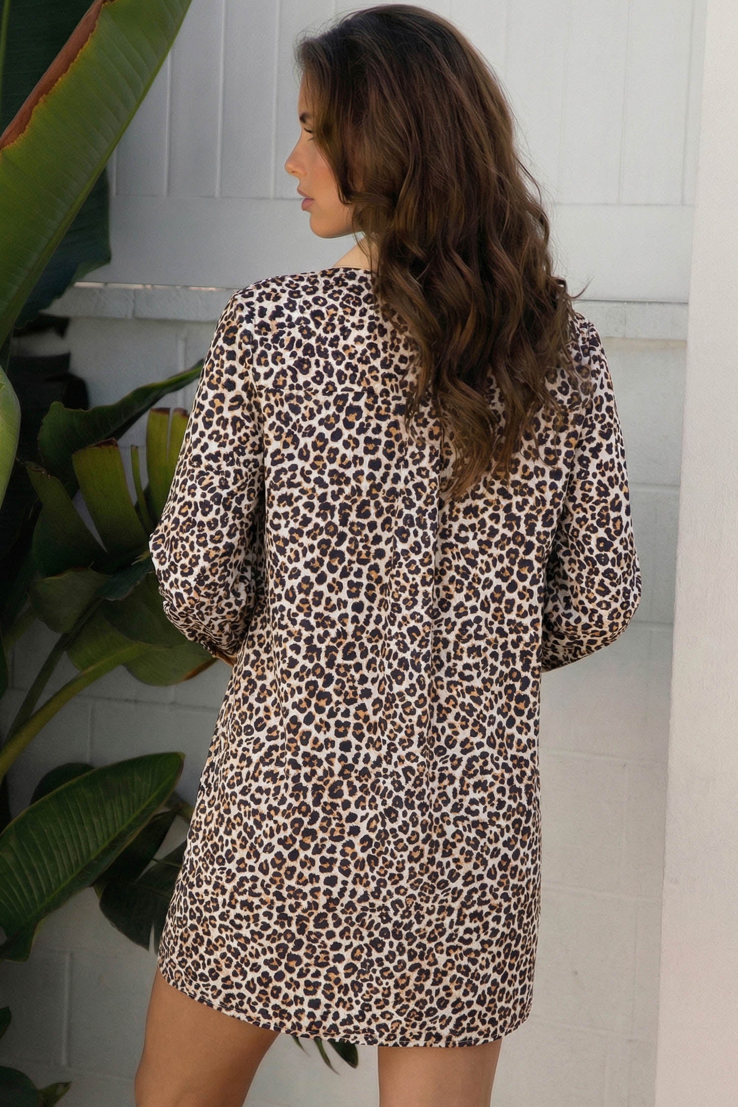 Button Striped Collar Leopard Print Long Sleeve Flared Dress