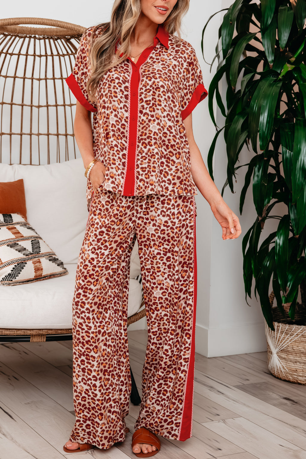 Contrast Trim Leopard Top and Pant Set