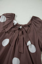 Brown Polka Dot Print Knot Back Short Puff Sleeve Loose Mini Dress