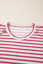 Red Stripe Textured Knit Button Detail Short Sleeve Casual Tee