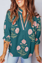 Casual Wild Flower Print V Neck 3/4 Sleeve Blouse