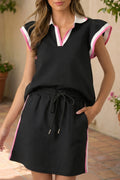 Preppy Striped Trim V Neck Polo Tee Drawstring Skirt Set