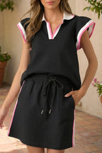 Preppy Striped Trim V Neck Polo Tee Drawstring Skirt Set