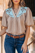 Western Pony Embroidered Yoke Puff Sleeve Gingham Blouse