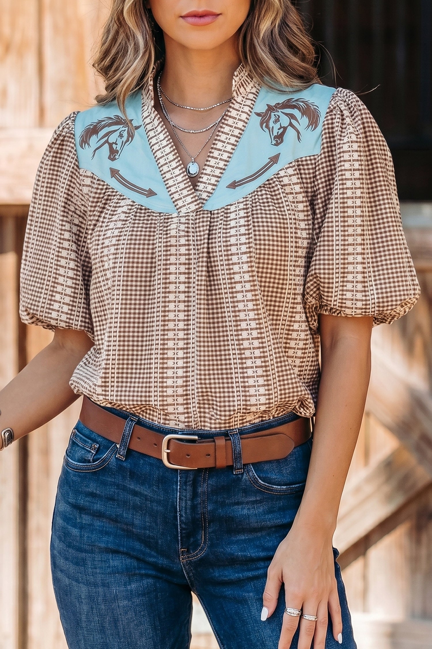 Western Pony Embroidered Yoke Puff Sleeve Gingham Blouse