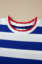 Striped Contrast Trim Round Neck Short Puff Sleeve Shift Mini Dress