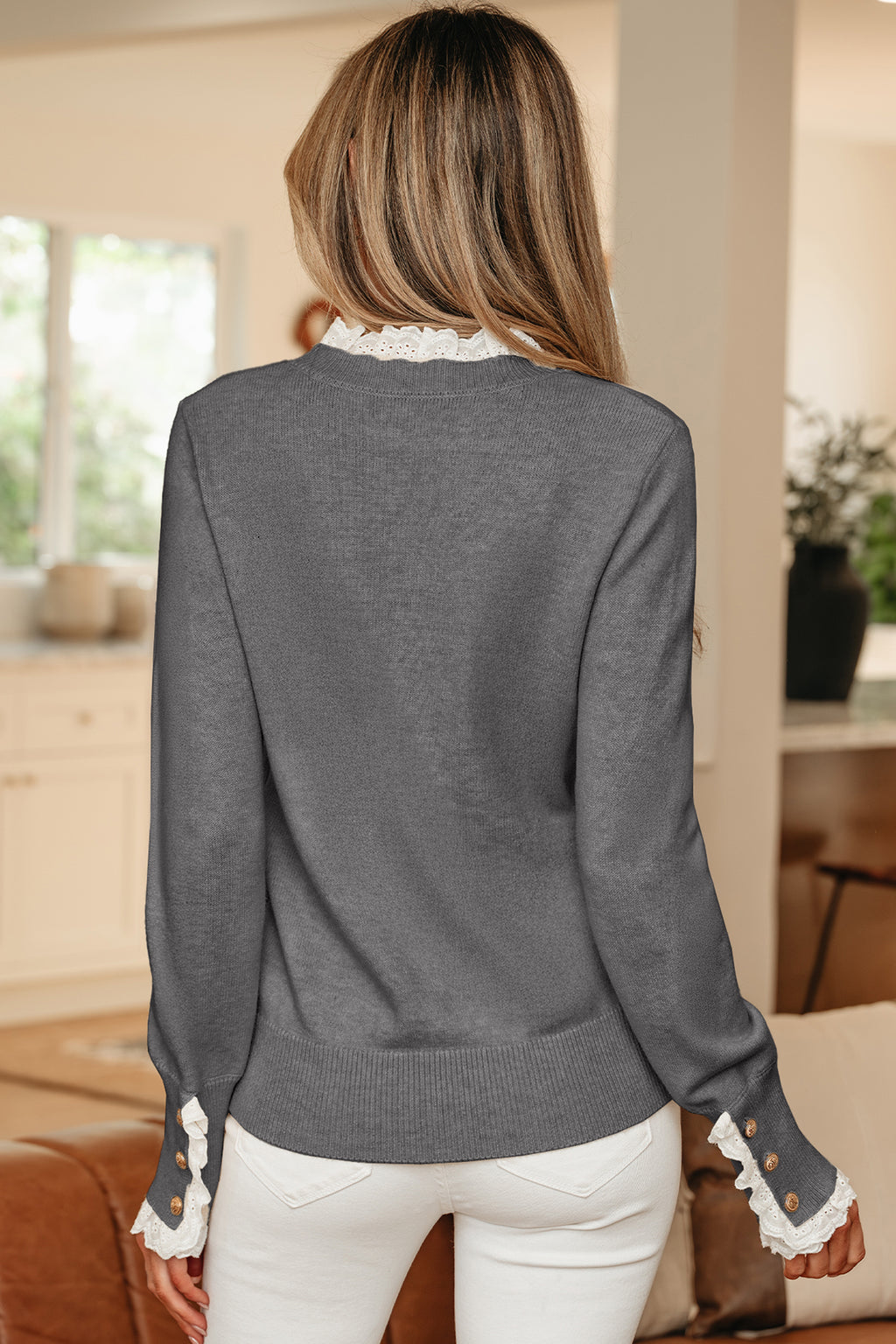 Lace Trim Patchwork Buttoned Cuffs Loose Sweater