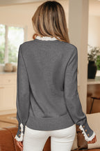 Lace Trim Patchwork Buttoned Cuffs Loose Sweater