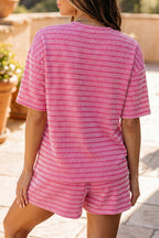 Striped Raised Rib Loose Tee Drawstring Elastic Waist 2pcs Short Set