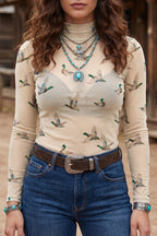 Beige High Neck Western Print Mesh Sheer Long Sleeve Pullover