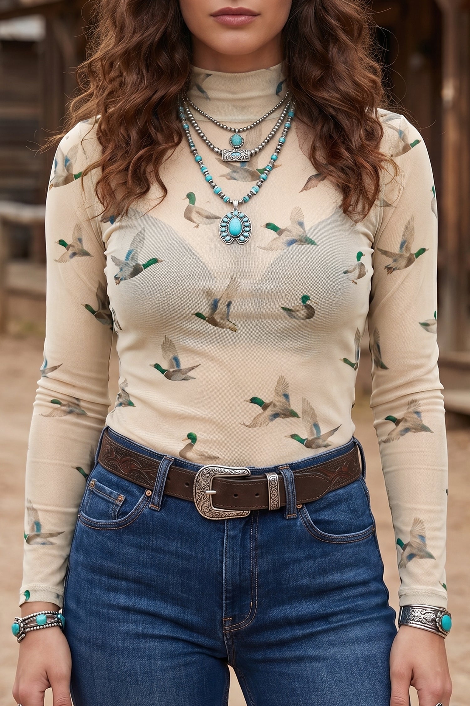 Beige High Neck Western Print Mesh Sheer Long Sleeve Pullover