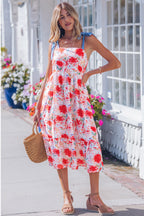 Floral Print Contrast Stitched Knot Denim Straps High Waist Dress