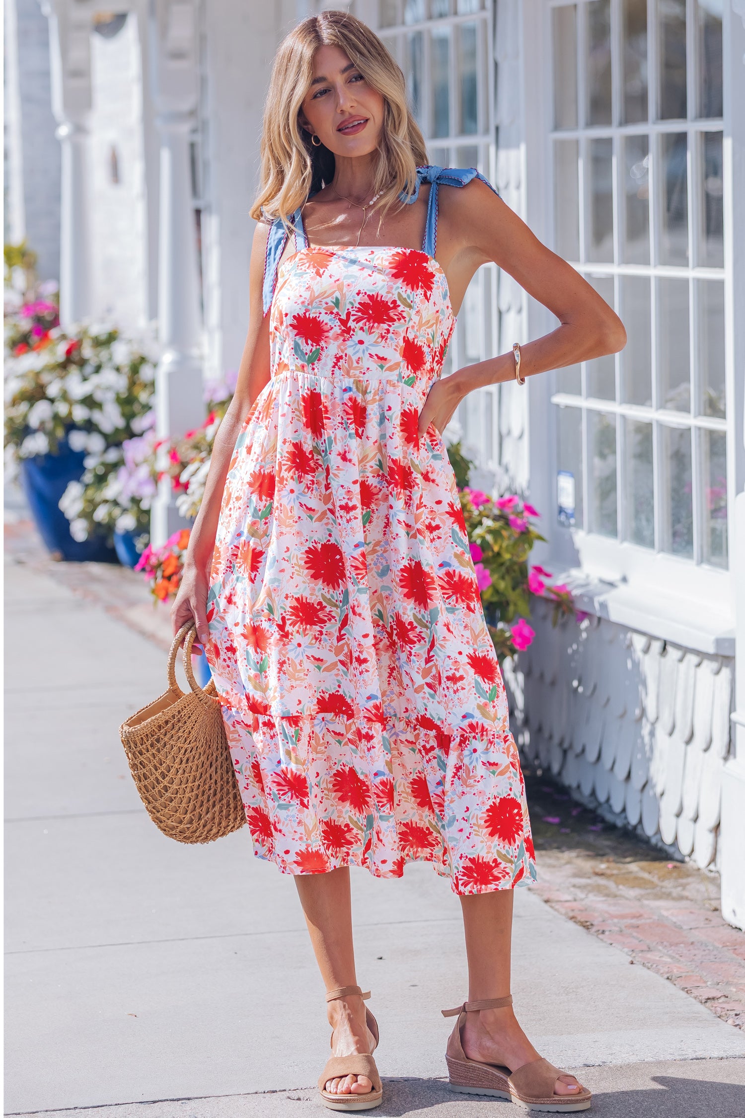 Floral Print Contrast Stitched Knot Denim Straps High Waist Dress