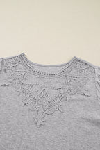 Gray Hollowed Lace Ribbed Knit Long Sleeve Patchwork Top