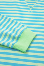 Striped Color Block Detail Long Sleeve Pullover Elastic Waist Pull On Shorts 2pcs Set