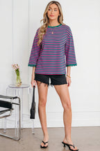 Striped Print Drop Shoulder Lace Trim Bracelet Sleeve Loose Top