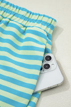 Striped Color Block Detail Long Sleeve Pullover Elastic Waist Pull On Shorts 2pcs Set