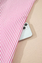 Striped Frilled Detail Half Buttons Short Sleeve Long Dress
