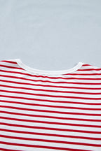 Red Stripe Contrast Trim Round Neck Short Puff Sleeve T Shirt
