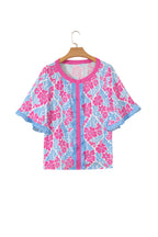 Purple Floral Print Ruffled Color Block Trim Half Sleeve Blouse