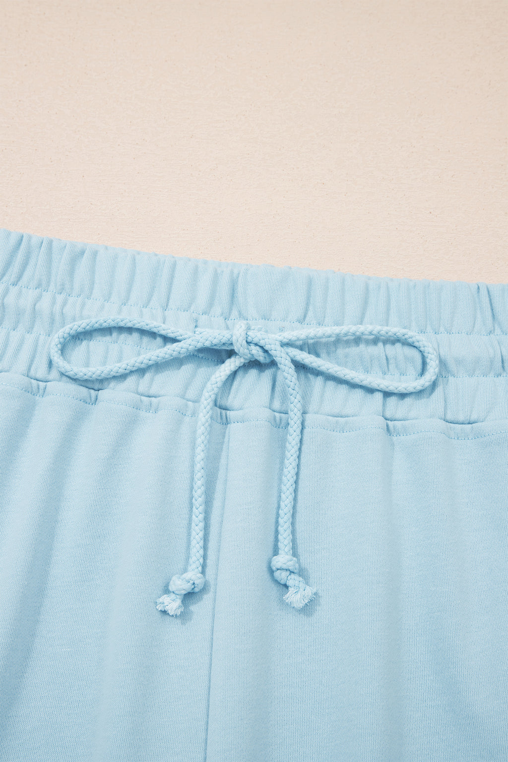Solid Colour Ribbed Trim Short Sleeve Top Drawstring Loose Pants 2pcs Outfit