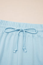 Solid Colour Ribbed Trim Short Sleeve Top Drawstring Loose Pants 2pcs Outfit