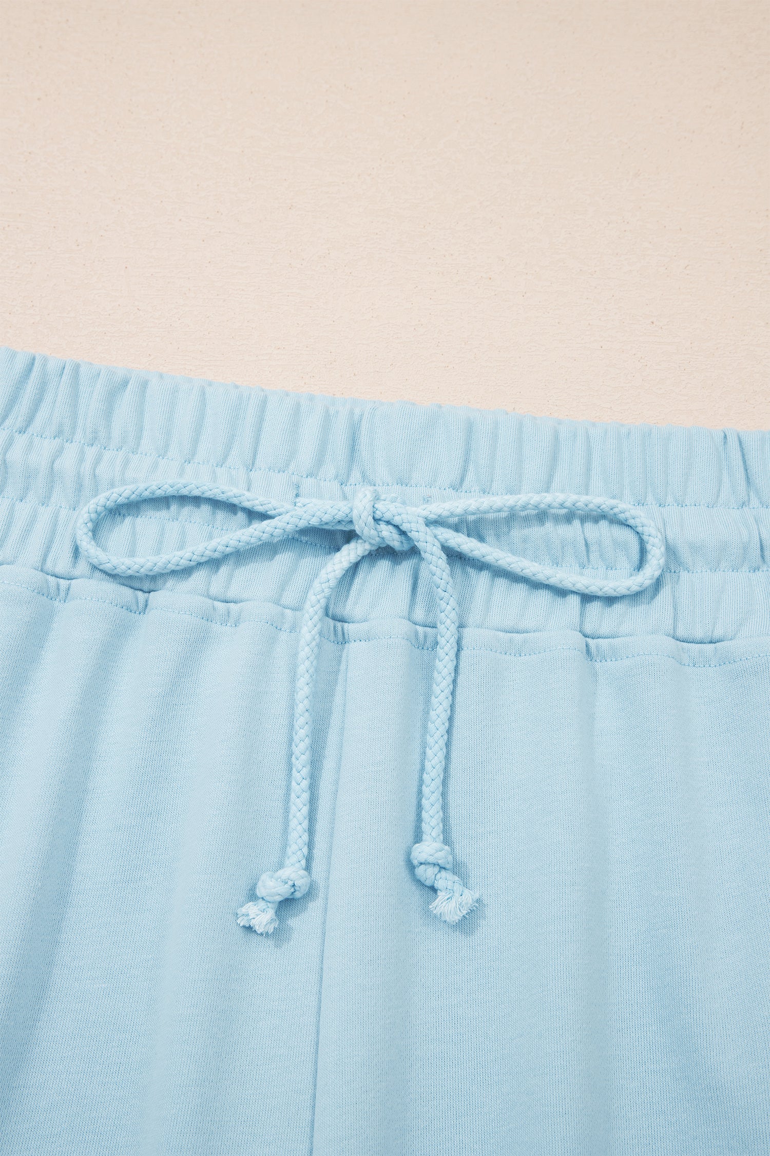 Solid Colour Ribbed Trim Short Sleeve Top Drawstring Loose Pants 2pcs Outfit