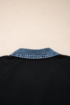 Black Plus Size Textured Contrast Denim Patchwork Button Polo Tee