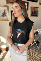 Western Cowboy Embroidery Round Neck Sleeveless Sweater