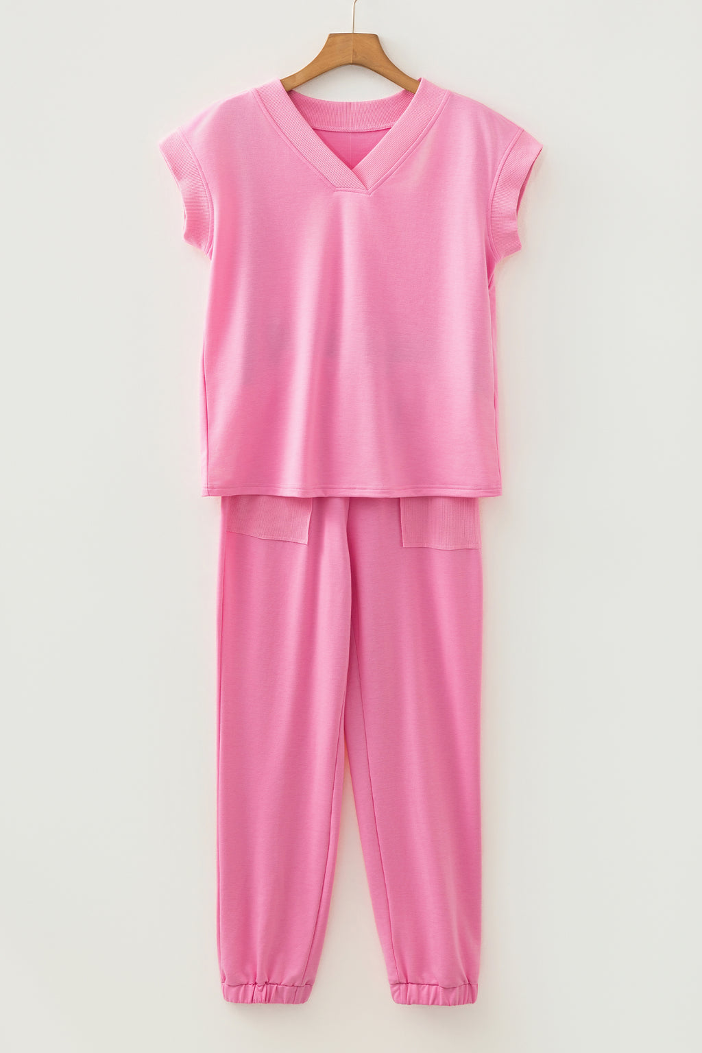 Solid Color V Neck Tee Drawstring Pant Set