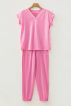 Solid Color V Neck Tee Drawstring Pant Set