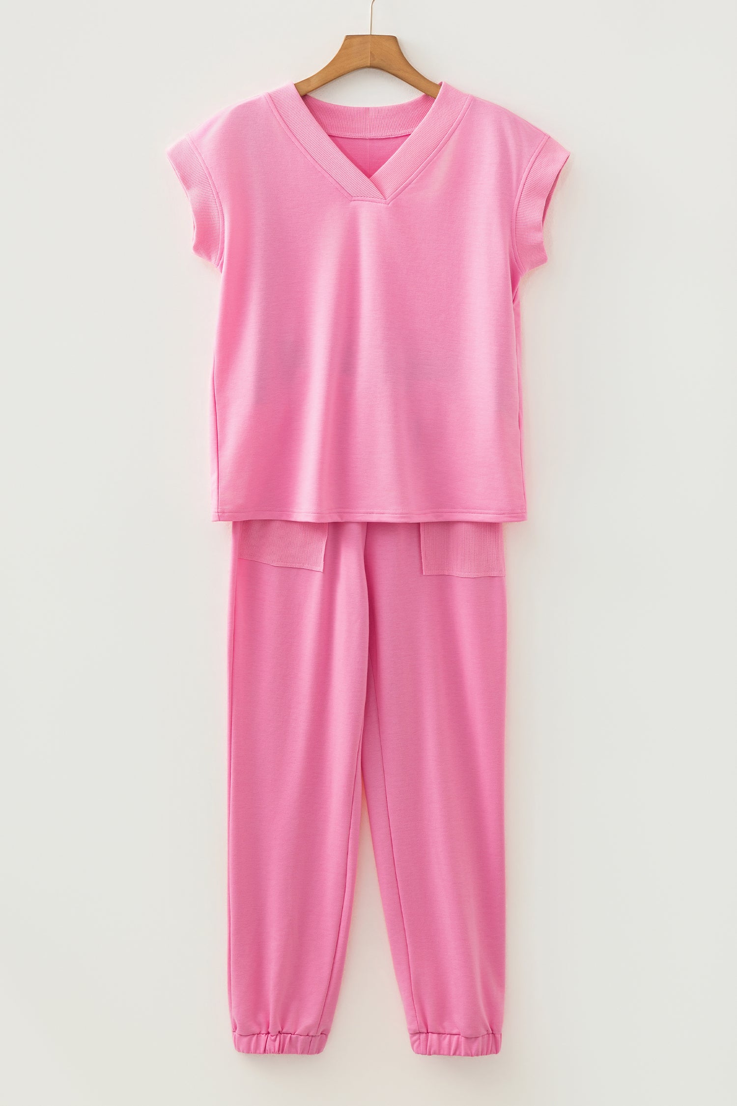 Solid Color V Neck Tee Drawstring Pant Set