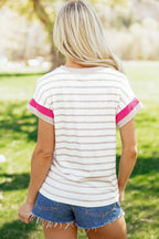 Khaki Stripe Color Block Trim Round Neck Short Sleeve Top