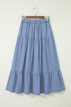 Beau Blue Elastic Waist Ruffled Tiered Flared Denim Maxi Skirt